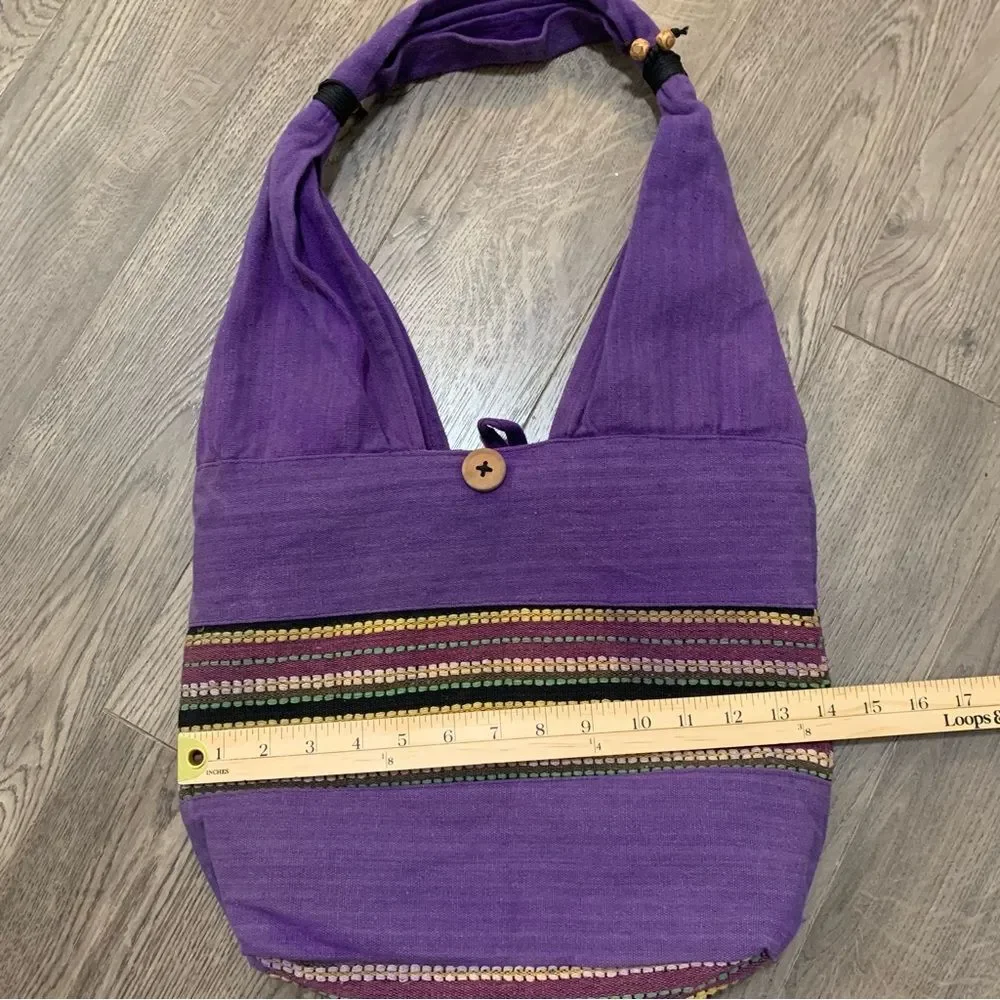 Handcrafted Purple Hobo Bag with Decorative Embroidered Stripes